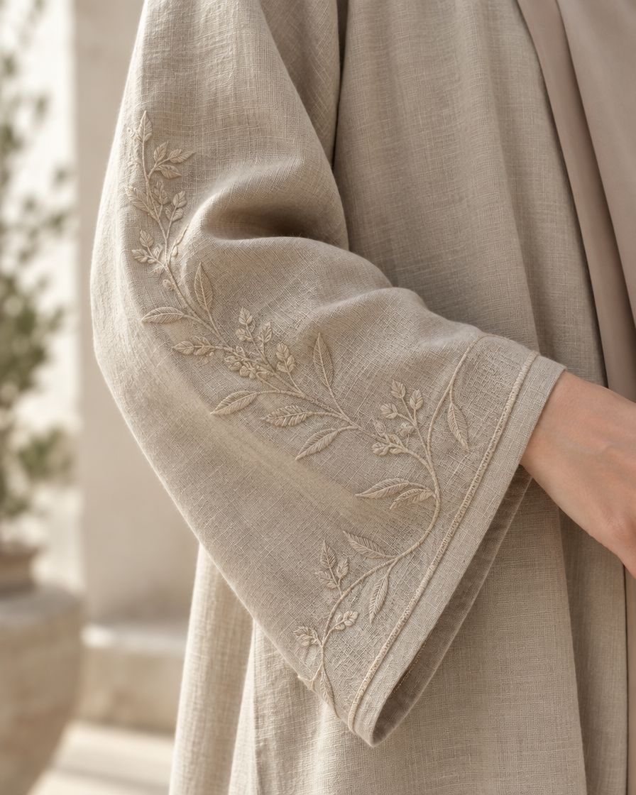 The sleeve of a cream abaya, hand-embroidered in pale thread