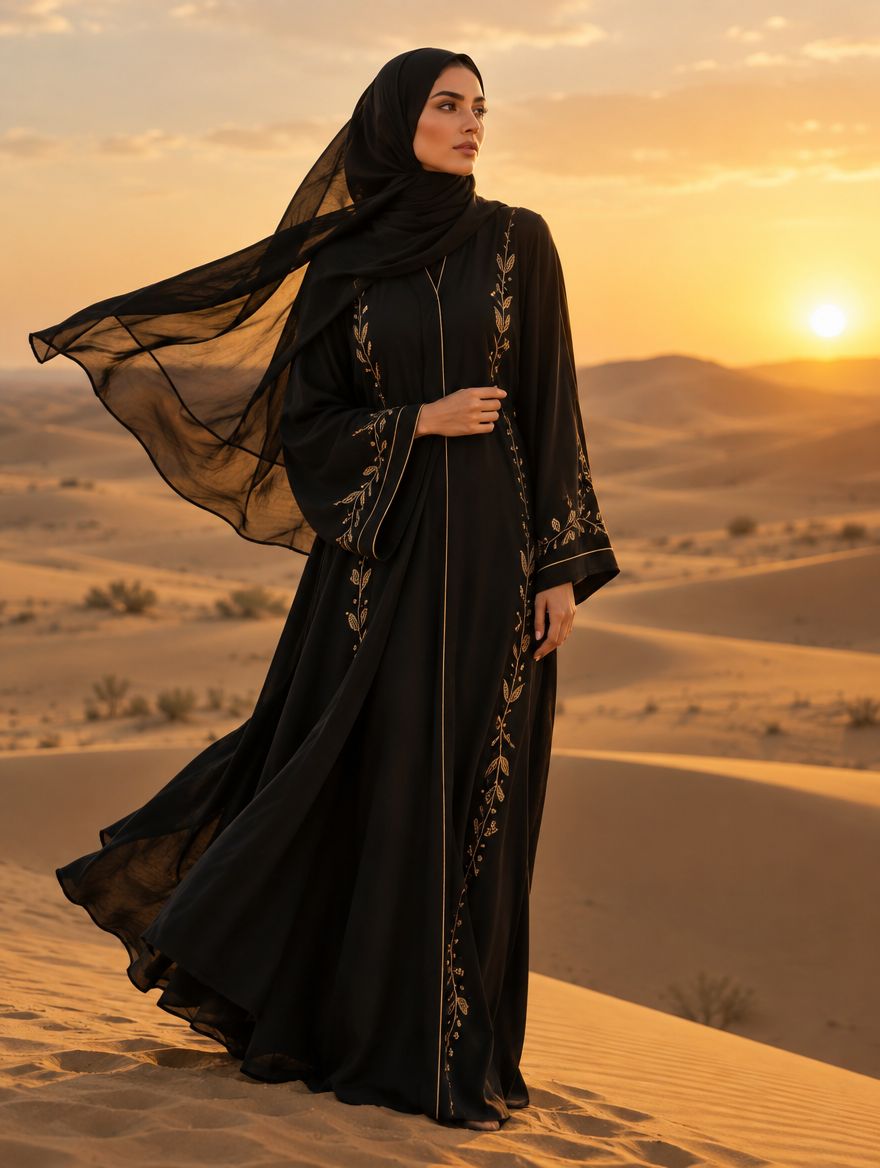 A black evening abaya embroidered in gold, with a sheer shayla, on the dunes at sunset